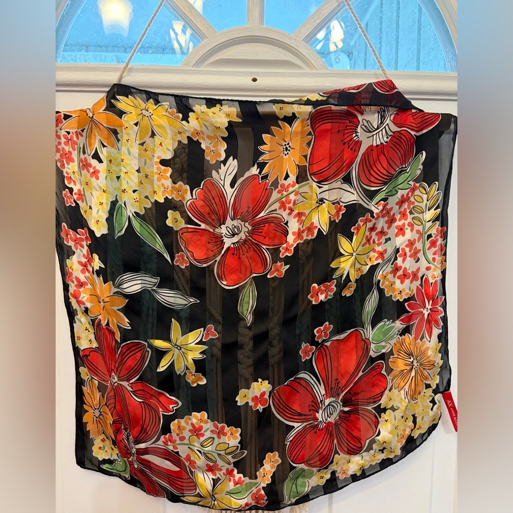 ❤️Vintage AK Anne Klein 100% Silk Square Scarf - Bold Floral & Sheer Stripe🌼80s